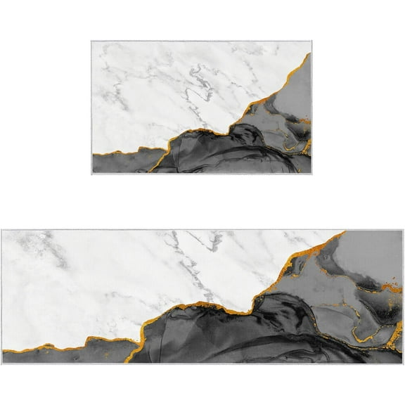 Kitchen Runner Rug, Abstract Marble Elegent Black White Grey Non Slip Runner Carpet Door Mats Floor Mat for Laundry Bedside Bathroom Bedroom Set of 2