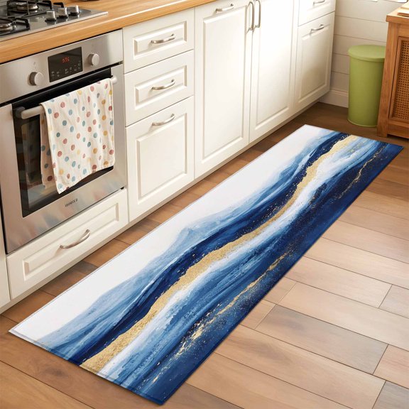 Kitchen Runner Rug Abstract Ocean Rough Sea Runner Rugs for Bedroom Hallway Entryway Stair, Marine Big Wave Navy Blue Gold Area Rug Non-slip Washable Floor Carpet 2x6ft