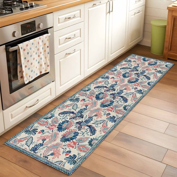 Kitchen Runner Rug Abstract Paisley Flower Leaves Texture Runner Rugs for Bedroom Hallway Entryway Stair, Seamless Retro Floral Art Area Rug Non-slip Washable Floor Carpet 2x6ft