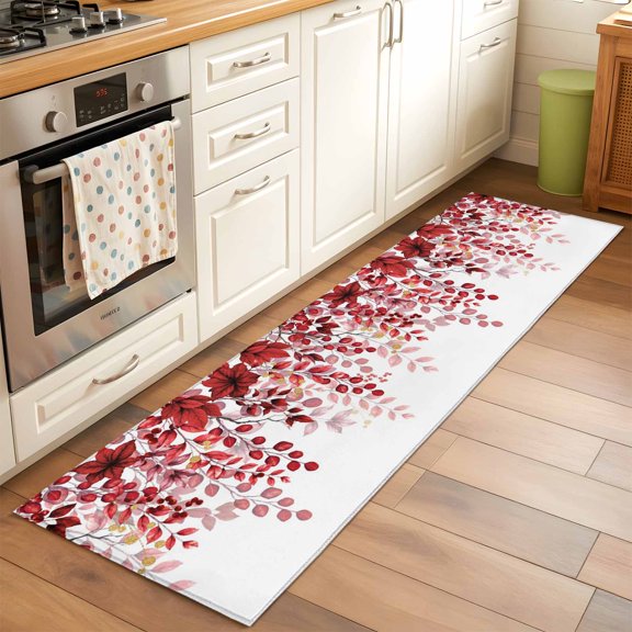 Kitchen Runner Rug Abstract Red Branch Leaves Runner Rugs for Bedroom Hallway Entryway Stair, Farm Botanical Leaf on White Washable Area Rug Non-slip Floor Carpet 2x6ft