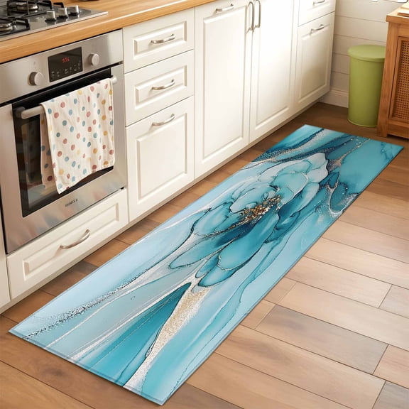 Kitchen Runner Rug Abstract Teal Flower Marble Style Runner Rugs for Bedroom Hallway Entryway Stair, Modern Floral Pattern Area Rug Non-slip Washable Floor Carpet 2x6ft