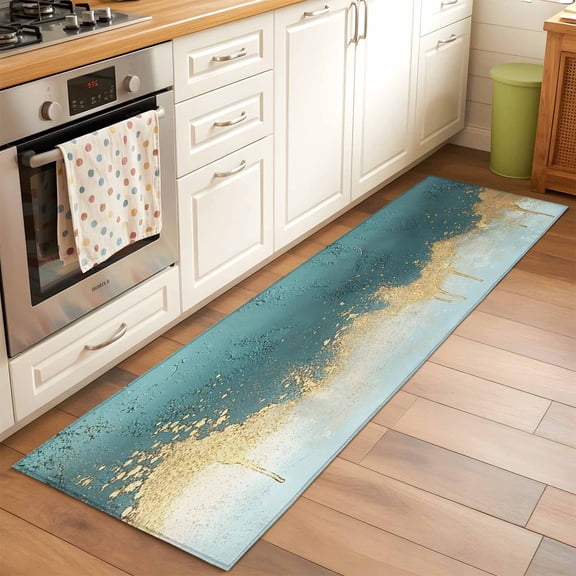Kitchen Runner Rug Abstract Teal Light Blue Color Block Runner Rugs for Bedroom Hallway Entryway Stair, Modern Gold Splicing Art Washable Area Rug Non-slip Floor Carpet 2x6ft
