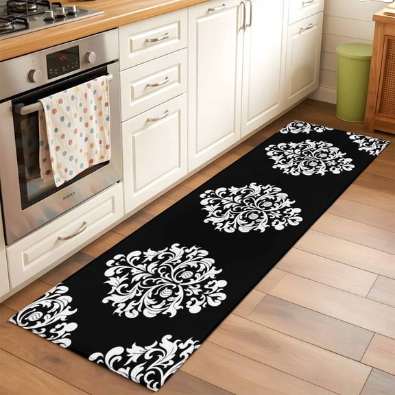 Kitchen Runner Rug Aesthetic Boho Black White Floral Runner Rugs for Bedroom Hallway Entryway Stair, Abstract Minimalist Art Washable Area Rug Non-slip Floor Carpet 2x6ft