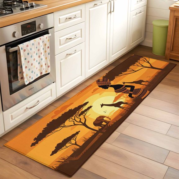 Kitchen Runner Rug African Black Women Runner Rugs for Bedroom Hallway Entryway Stair, Dusk Forest Animal Giraffe Elephant Washable Area Rug Non-slip Floor Carpet 2x6ft