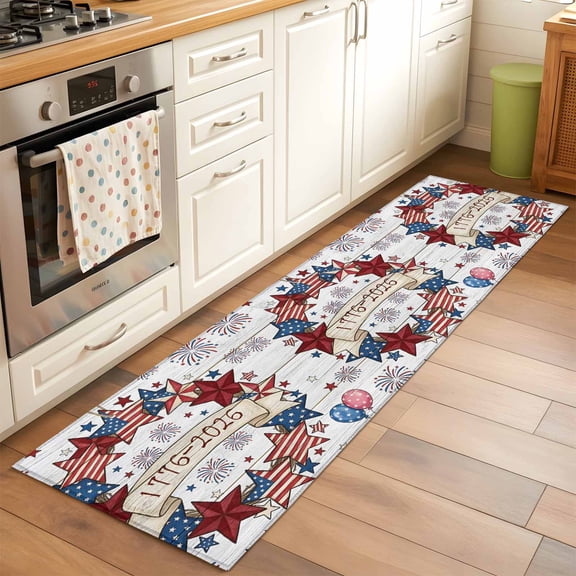 Kitchen Runner Rug American 250th Anniversary Runner Rugs for Bedroom Hallway Entryway Stair, Red Blue Star Wood Board Area Rug Non-slip Washable Floor Carpet 2x6ft