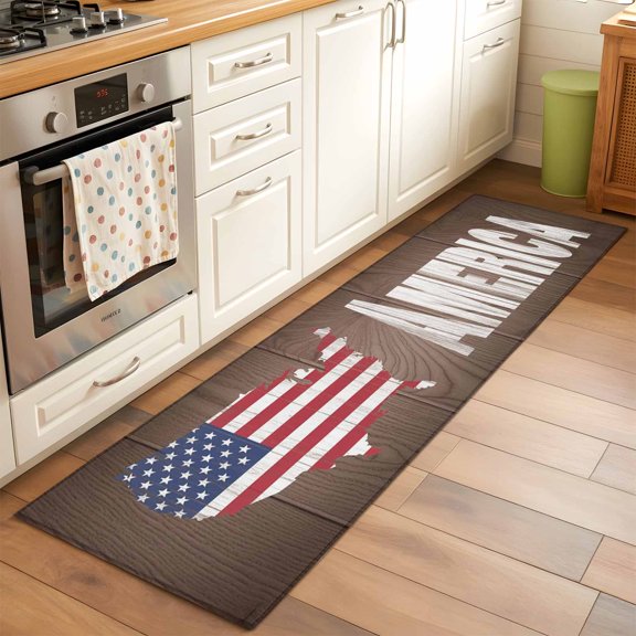Kitchen Runner Rug American Independence Day Runner Rugs for Bedroom Hallway Entryway Stair, USA Flag Map on Wood Grain Area Rug Non-slip Washable Floor Carpet 2x6ft