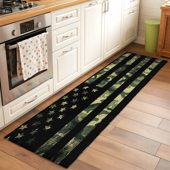Kitchen Runner Rug American Retro Stars and Stripes Flag Runner Rugs for Bedroom Hallway Entryway Stair, Forests Army Camouflage Area Rug Non-slip Washable Floor Carpet 2x6ft