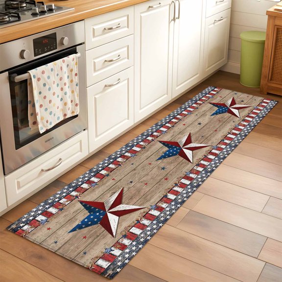 Kitchen Runner Rug American Star Stripe USA Flag Runner Rugs for Bedroom Hallway Entryway Stair, Independence Day Wood Board Area Rug Non-slip Washable Floor Carpet 2x6ft