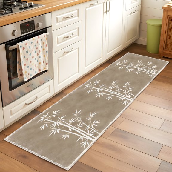 Kitchen Runner Rug Bamboos Motif Silhouette Runner Rugs for Bedroom Hallway Entryway Stair, Zen Vibe Brown Background Area Rug Non-slip Washable Floor Carpet 2x6ft