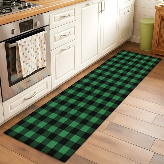 Kitchen Runner Rug Black Green Buffalo Checker Runner Rugs for Bedroom Hallway Entryway Stair, Classic Plaid Lattice Washable Area Rug Non-slip Floor Carpet 2x6ft