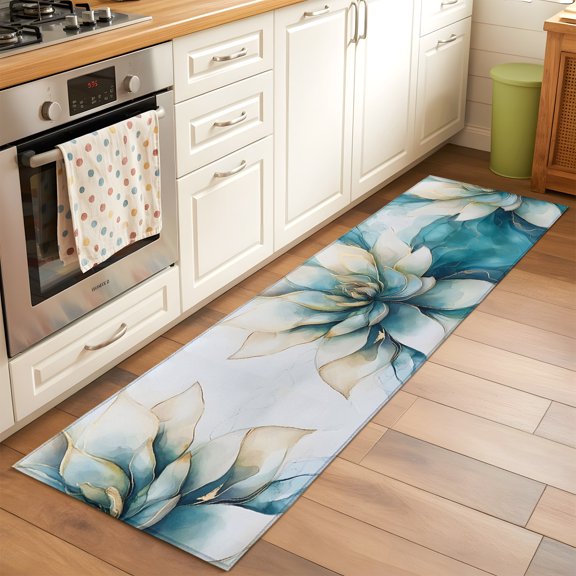 Kitchen Runner Rug Blooming Flower White Lotus Runner Rugs for Bedroom Hallway Entryway Stair, Abstract Marble Texture Area Rug Non-slip Washable Floor Carpet 2x6ft