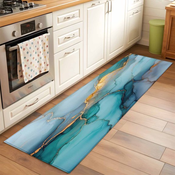 Kitchen Runner Rug Blue Green Gold Marble Texture Pattern Runner Rugs for Bedroom Hallway Entryway Stair, Minilalist Art Washable Area Rug Non-slip Floor Carpet 2x6ft