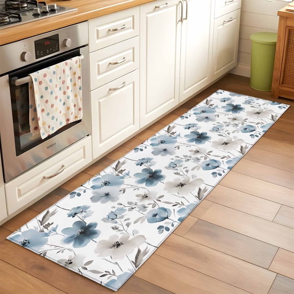 Kitchen Runner Rug Blue Light Brown Flower Leaves Runner Rugs for Bedroom Hallway Entryway Stair, Spring Floral Area Rug Non-slip Washable Floor Carpet 2x6ft