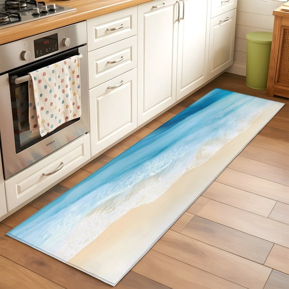 Kitchen Runner Rug Blue Ocean Wave Runner Rugs for Bedroom Hallway Entryway Stair, Sandy Beach Gentle Waves Washable Area Rug Non-slip Floor Carpet 2x6ft