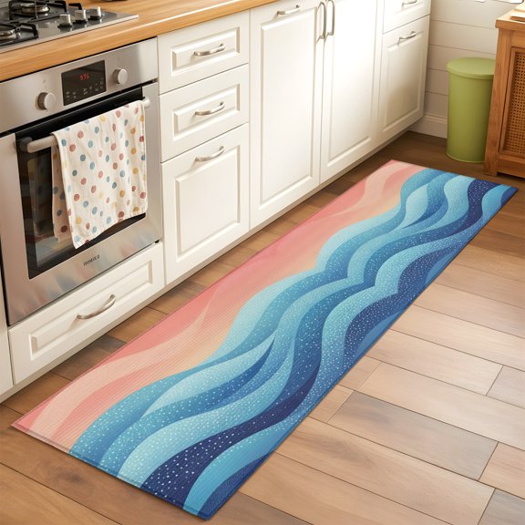 Kitchen Runner Rug Blue Peach Layered Ocean Waves Runner Rugs for Bedroom Hallway Entryway Stair, Gradient Striped Area Rug Non-slip Washable Floor Carpet 2x6ft