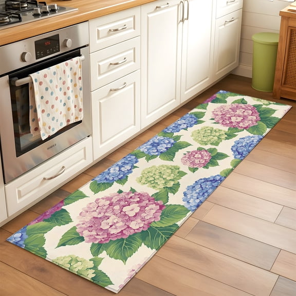Kitchen Runner Rug Blue Pink Green Hydrangea Blooms Runner Rugs for Bedroom Hallway Entryway Stair, Retro Floral Art Washable Area Rug Non-slip Floor Carpet 2x6ft