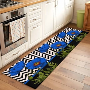 Kitchen Runner Rug Blue Poppy Flower Retro Boho Runner Rugs for Bedroom Hallway Entryway Stair, Abstract Black Herringbone Washable Area Rug Non-slip Floor Carpet 2x6ft