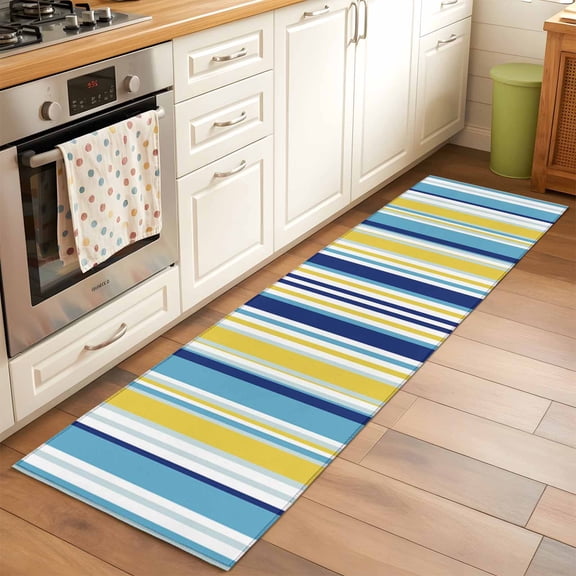 Kitchen Runner Rug Blue Yellow White Stripe Texture Runner Rugs for Bedroom Hallway Entryway Stair, Abstract Art Geometric Area Rug Non-slip Washable Floor Carpet 2x6ft