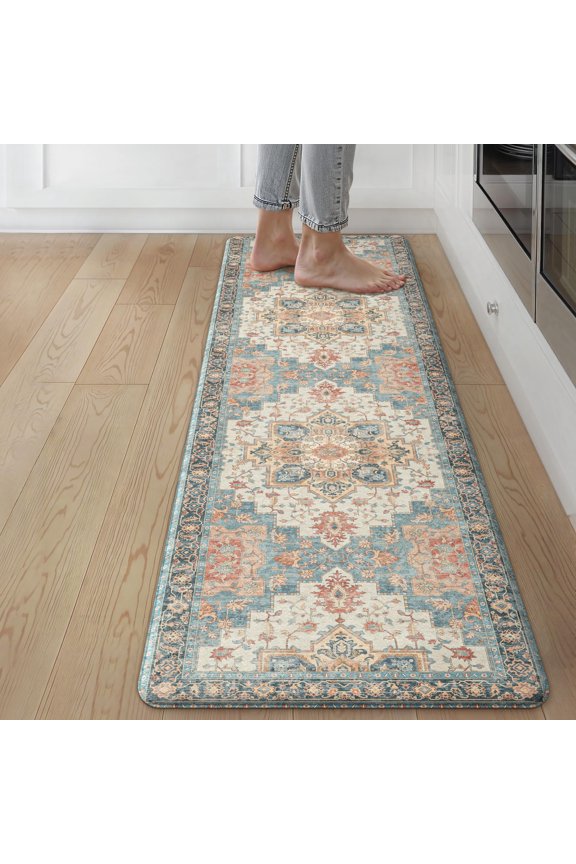 Kitchen Runner Rug Blue&salmon 17.3"x59"--0.4 inches Anti-Fatigue Standing Mat