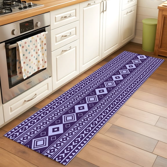 Kitchen Runner Rug Boho Geometric Purple Stripes Runner Rugs for Bedroom Hallway Entryway Stair, Retro Farmhouse Diamond Washable Area Rug Non-slip Floor Carpet 2x6ft