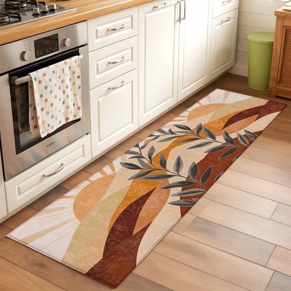 Kitchen Runner Rug Boho Sun Mountains Abstract Leaves Runner Rugs for Bedroom Hallway Entryway Stair, Mid Century Retro Style Area Rug Non-slip Washable Floor Carpet 2x6ft