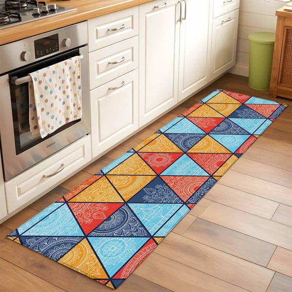 Kitchen Runner Rug Boho Triangle Color Block Runner Rugs for Bedroom Hallway Entryway Stair, Abstract Geometric Washable Area Rug Non-slip Floor Carpet 2x6ft