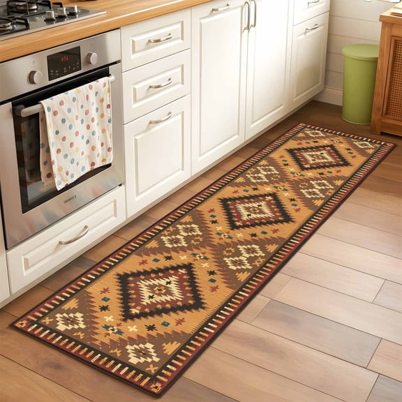 Kitchen Runner Rug Brown Geometric Abstract Boho Runner Rugs for Bedroom Hallway Entryway Stair, Retro Southwest Ethnic Washable Area Rug Non-slip Floor Carpet 2x6ft