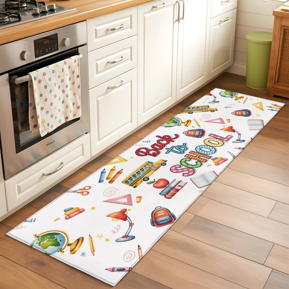 Kitchen Runner Rug Bus Bag Globe Crayon Desklamp Runner Rugs for Bedroom Hallway Entryway Stair, Back to School Season Area Rug Non-slip Washable Floor Carpet 2x6ft
