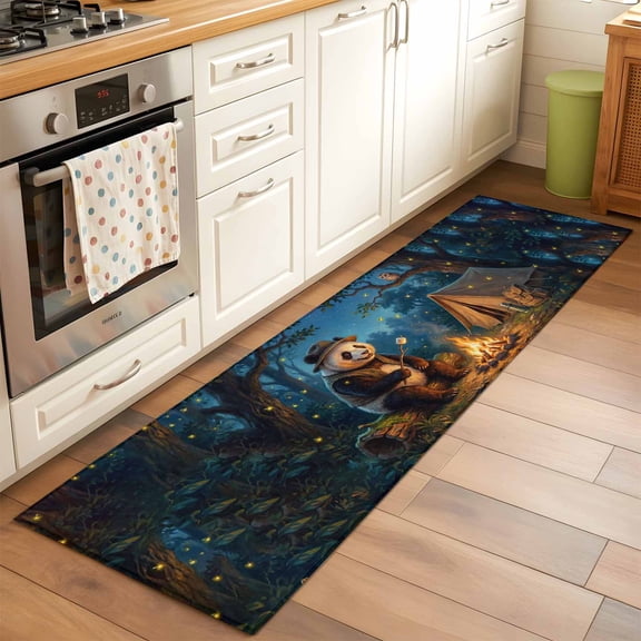 Kitchen Runner Rug Camping Bonfire Panda Runner Rugs for Bedroom Hallway Entryway Stair, Nighttime Firefly Owl Area Rug Non-slip Washable Floor Carpet 2x6ft