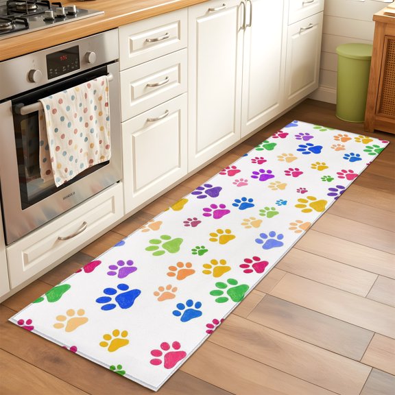 Kitchen Runner Rug Cartoon Animal Paw Prints Runner Rugs for Bedroom Hallway Entryway Stair, Colorful Animal Tracks Washable Area Rug Non-slip Floor Carpet 2x6ft