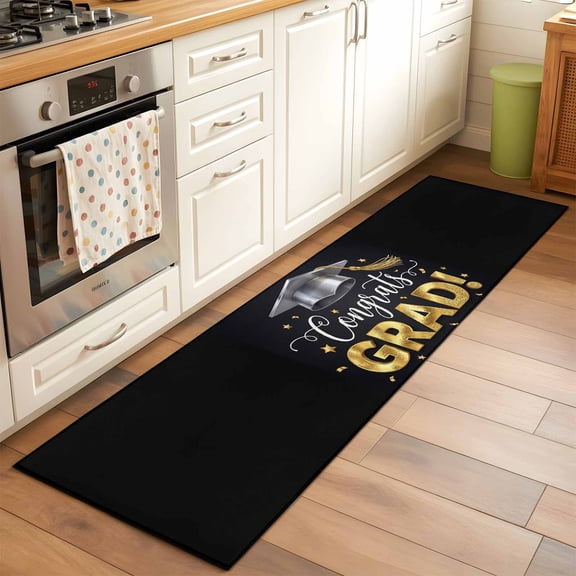 Kitchen Runner Rug Cartoon Bachelor's Hat Star Runner Rugs for Bedroom Hallway Entryway Stair, Congrats Grad Quote Washable Area Rug Non-slip Floor Carpet 2x6ft