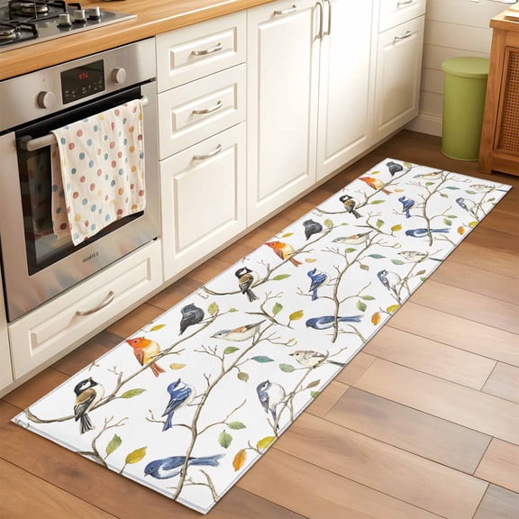 Kitchen Runner Rug Cartoon Bird on Branch Runner Rugs for Bedroom Hallway Entryway Stair, Colorful Leaf Animal Portrait Washable Area Rug Non-slip Floor Carpet 2x6ft