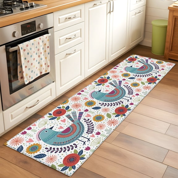 Kitchen Runner Rug Cartoon Bird Wild Flower Leaves Runner Rugs for Bedroom Hallway Entryway Stair, Mid-century Geometric Washable Area Rug Non-slip Floor Carpet 2x6ft
