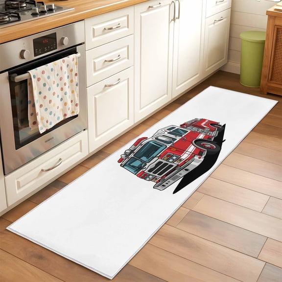 Kitchen Runner Rug Cartoon Fire Truck Red Grey Car Runner Rugs for Bedroom Hallway Entryway Stair, Patriotic Firefighter Trucks on White Area Rug Non-slip Washable Floor Carpet 2x6ft