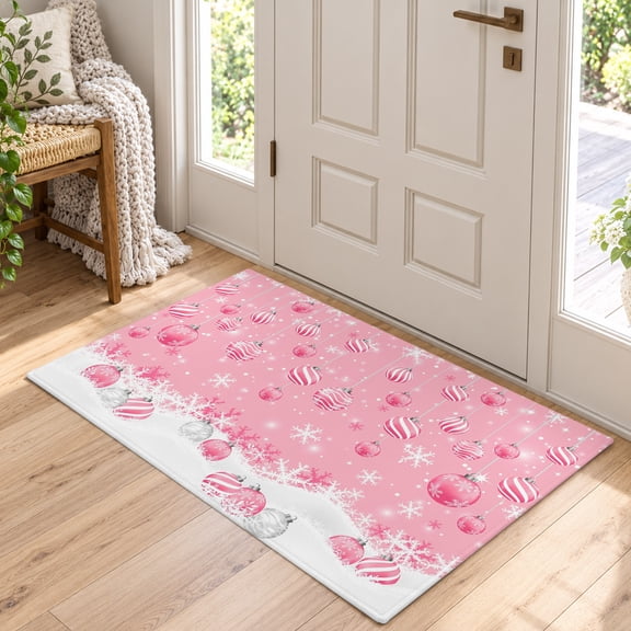 Kitchen Runner Rug Christmas Ball Winter Snowflake Area Rug for Bedroom Living Room Rug 2x3ft, Soft Sponge Cushioned Non-Slip Washable Rugs, Pink Theme Rectangle Rugs for Dining Room Office