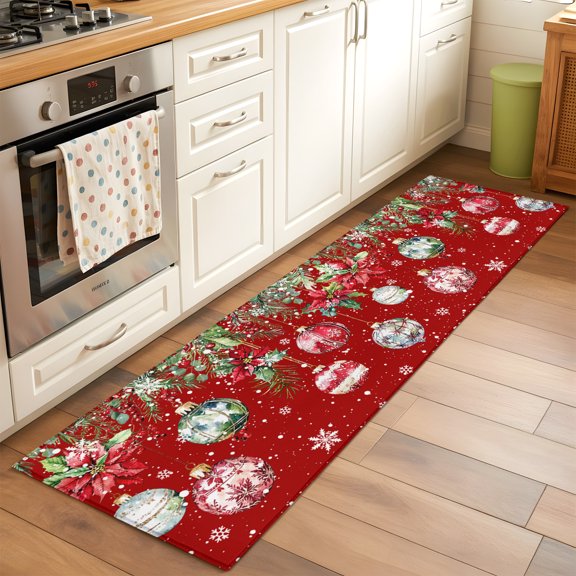 Kitchen Runner Rug Christmas Poinsettia Bells on Red Runner Rugs for Bedroom Hallway Entryway Stair, Snowflake Berry Fir Leaves Area Rug Non-slip Washable Floor Carpet 2x6ft