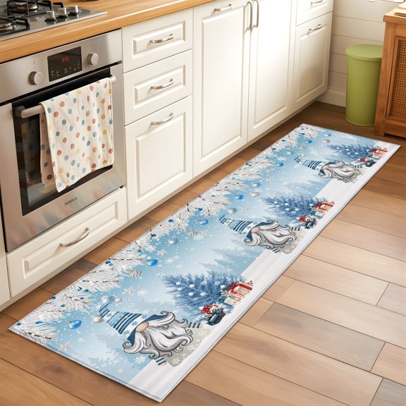 Kitchen Runner Rug Christmas Tree Gnome Xmas Bell Blue Runner Rugs for Bedroom Hallway Entryway Stair, Winter Snow Fir Area Rug Non-slip Washable Floor Carpet 2x6ft