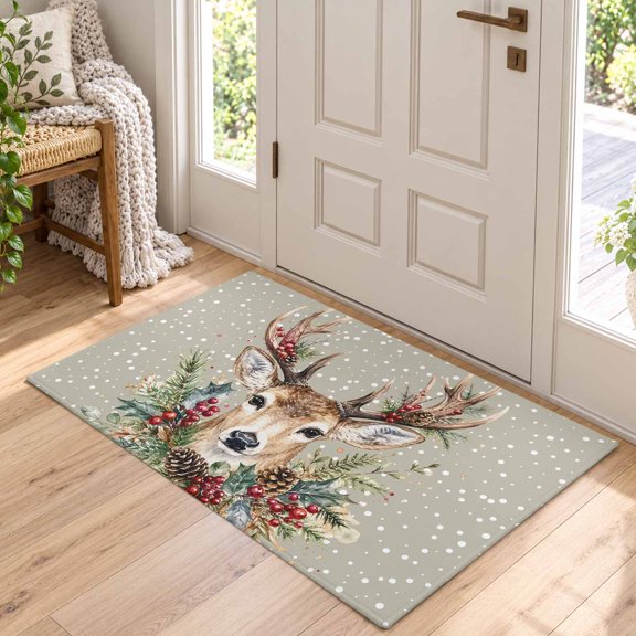 Kitchen Runner Rug Christmas Wildlife Deer Area Rug for Bedroom Living Room Rug 2x3ft, Soft Sponge Cushioned Non-Slip Washable Rugs, Pine Tree Branch Wreath Rectangle Rugs for Dining Room Office