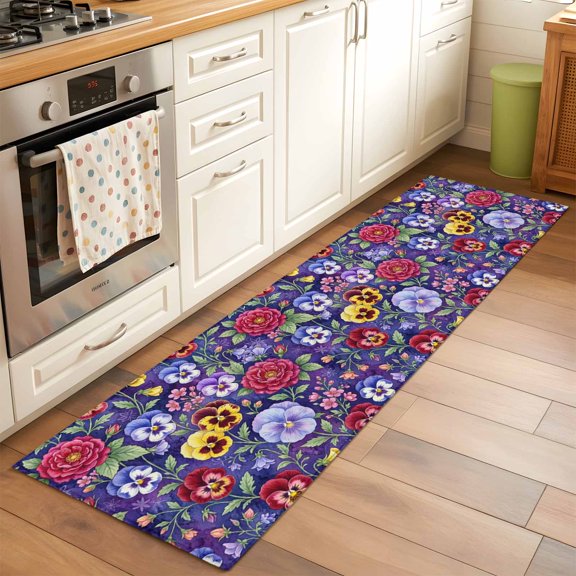 Kitchen Runner Rug Classic Garden Flowers Roses Runner Rugs for Bedroom Hallway Entryway Stair, Red Purple Floral Washable Area Rug Non-slip Floor Carpet 2x6ft