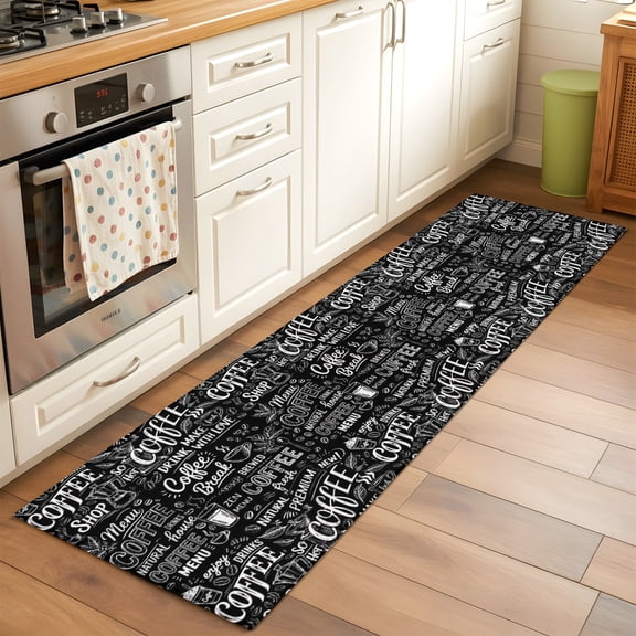 Kitchen Runner Rug Coffee Time White Quote on Black Runner Rugs for Bedroom Hallway Entryway Stair, Milk Tea Cup Cocoa Bean Washable Area Rug Non-slip Floor Carpet 2x6ft