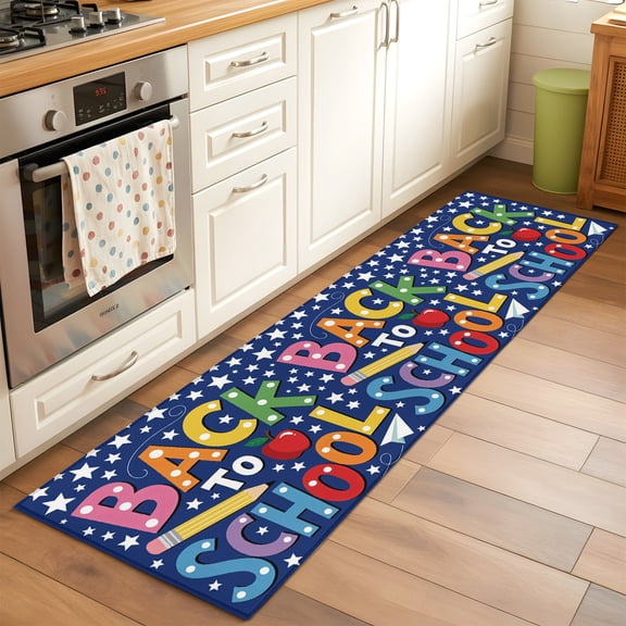 Kitchen Runner Rug Colorful Word Pencil Stars Navy Blue Runner Rugs for Bedroom Hallway Entryway Stair, Back to School Season Area Rug Non-slip Washable Floor Carpet 2x6ft