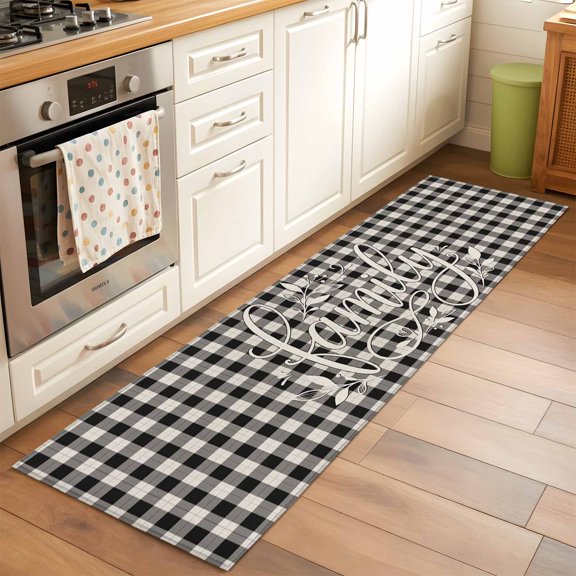 Kitchen Runner Rug Country Family Quote Leaf Runner Rugs for Bedroom Hallway Entryway Stair, Farmhouse Retro Checkered Area Rug Non-slip Washable Floor Carpet 2x6ft