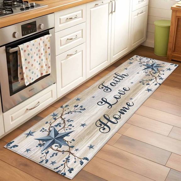 Kitchen Runner Rug Country Star Blue Vintage Wood Grain Runner Rugs for Bedroom Hallway Entryway Stair, Love Home Quote Washable Area Rug Non-slip Floor Carpet 2x6ft
