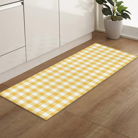 Kitchen Runner Rug, Country Style Yellow and White Buffalo Check Plaid Checkered Non Slip Runner Carpet Door Mats Floor Mat for Bedroom Bedside Laundry Bathroom 17"x30"+17"x47"