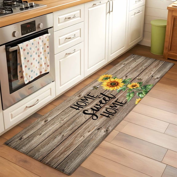 Kitchen Runner Rug Country Sunflower Bee Green Leaves Runner Rugs for Bedroom Hallway Entryway Stair, Farm Retro Wood Board Area Rug Non-slip Washable Floor Carpet 2x6ft