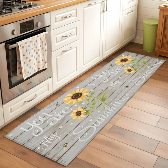 Kitchen Runner Rug Country Sunflowers Bee Runner Rugs for Bedroom Hallway Entryway Stair, You Are My Sunshine Words on Wood Area Rug Non-slip Washable Floor Carpet 2x6ft