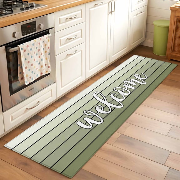 Kitchen Runner Rug Country Welcome Quote Wood Board Runner Rugs for Bedroom Hallway Entryway Stair, Farmhouse Sage Green Wooden Washable Area Rug Non-slip Floor Carpet 2x6ft