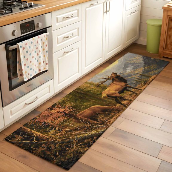Kitchen Runner Rug Elk Fall Scenery Country Style Runner Rugs for Bedroom Hallway Entryway Stair, Mountain Landscape Area Rug Non-slip Washable Floor Carpet 2x6ft