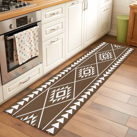 Kitchen Runner Rug Ethnic Abstract Geometric Triangle Runner Rugs for Bedroom Hallway Entryway Stair, Brown White Tribal Art Area Rug Non-slip Washable Floor Carpet 2x6ft