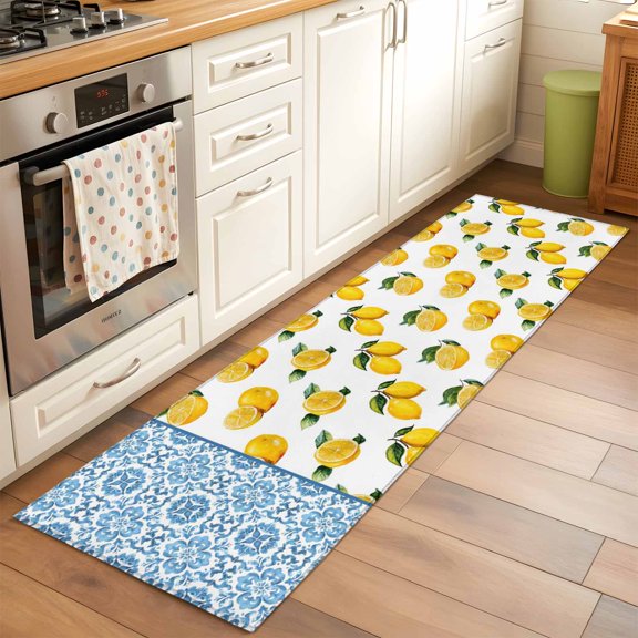 Kitchen Runner Rug Farm Fruit Yellow Lemon Leaves Runner Rugs for Bedroom Hallway Entryway Stair, Blue and White Porcelain Texture Area Rug Non-slip Washable Floor Carpet 2x6ft